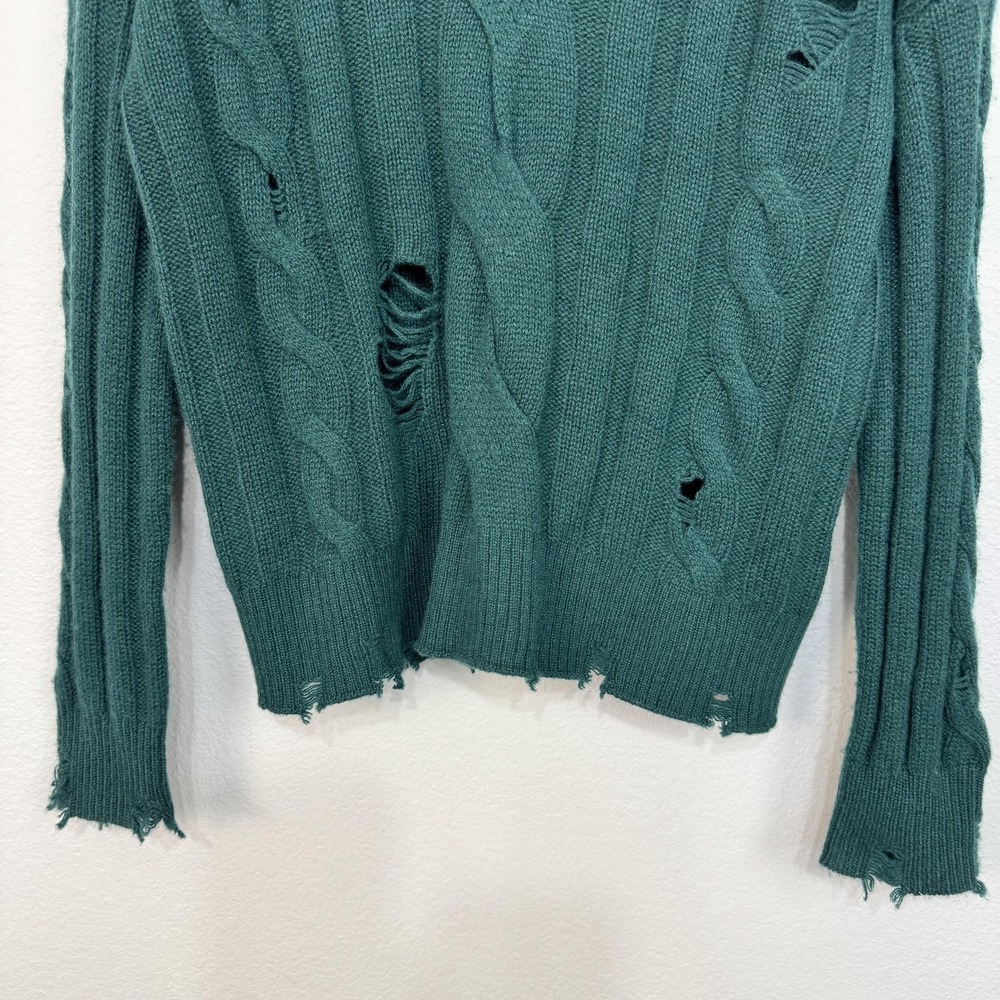 Aqua Cashmere Sweater Women's Medium Green Distressed Cable Knit Pullover Grunge - Picture 3 of 15
